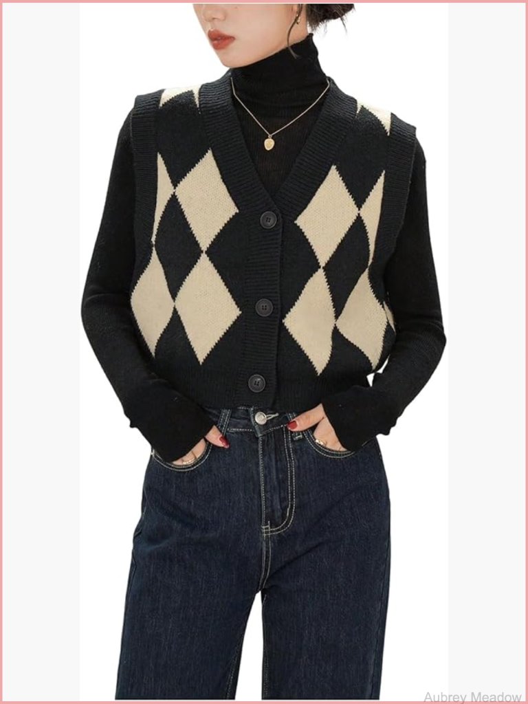 Argyle Plaid Sleeveless V Neck Button Up Cardigan Vest Sweater